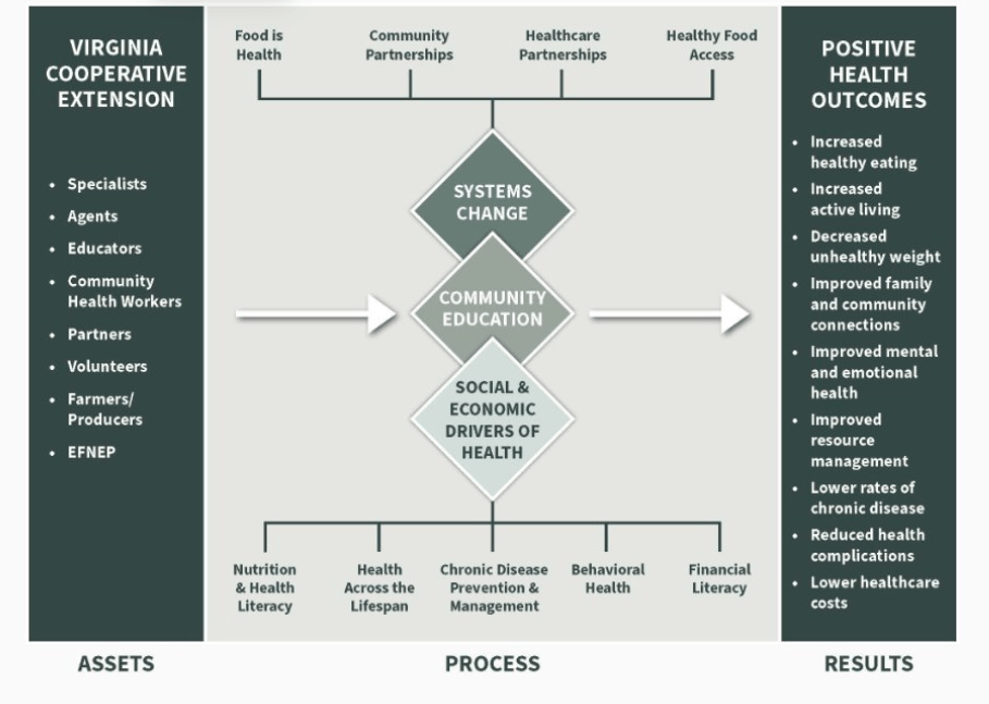 A three-column model running left to right — Virginia Cooperative Extension assets, then a process of systems change, community education, and social and economic drivers of health, leading to positive health outcomes.